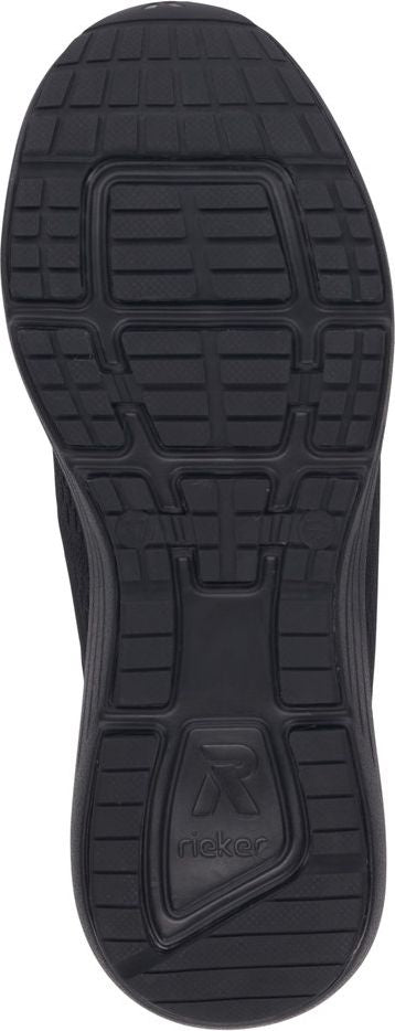 A black shoe sole with a grid pattern and the word "Rieker" on the heel.