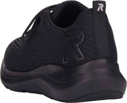 Black running shoe with a logo "R" on the side.