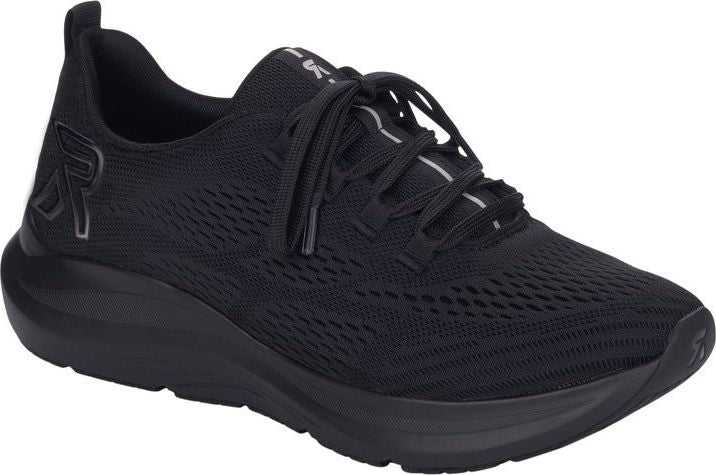 A black running shoe with mesh fabric, thick sole, and an "R" logo on the side.
