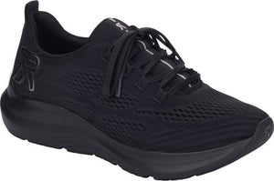 A black running shoe with mesh fabric, thick sole, and an "R" logo on the side.