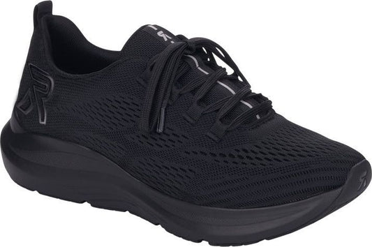 A black running shoe with mesh fabric, thick sole, and an "R" logo on the side.