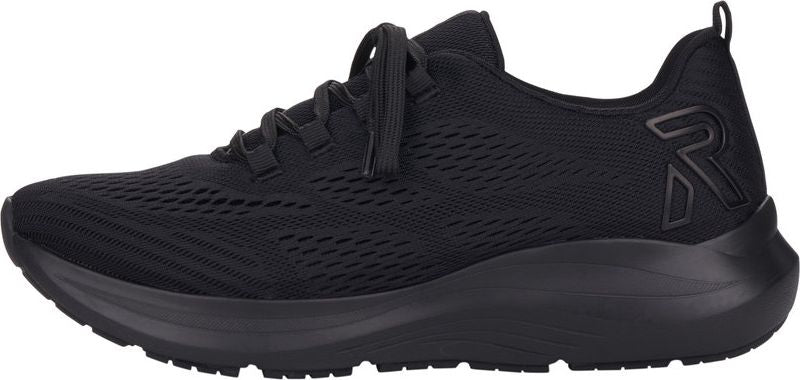 a black running shoe with black laces and a large letter R on the heel