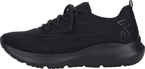 a black running shoe with black laces and a large letter R on the heel