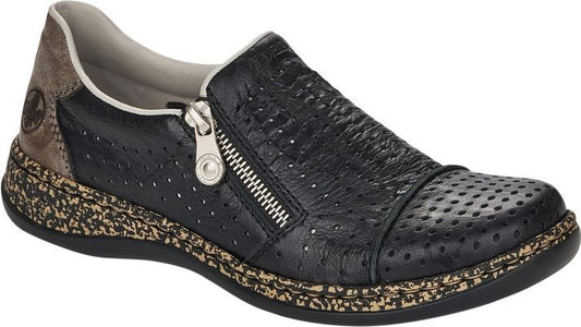 A black leather loafer shoe with zipper detail.