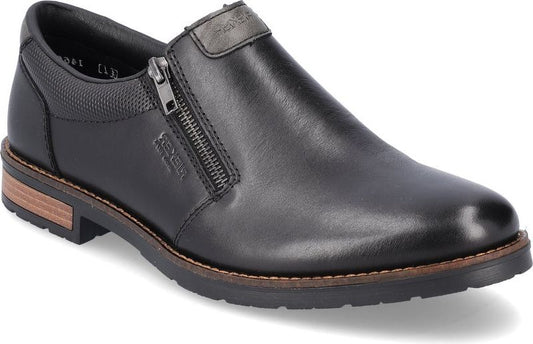 Black leather loafer with a side zipper.