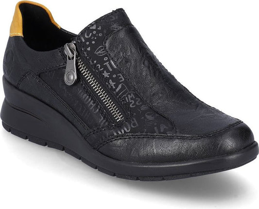 Black slip-on sneaker with a side zipper and a short wedge heel.