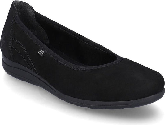 Black closed-toe flat shoe with a low wedge heel and three parallel lines on the side.