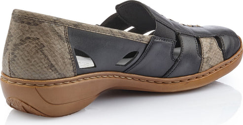 Black leather sandal with snakeskin accents and brown sole.