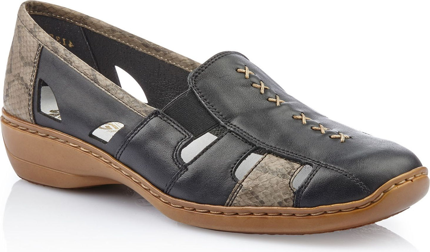 Black leather shoe with cutouts and tan sole.