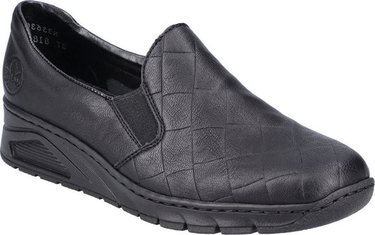 Black slip-on shoe with a woven pattern.