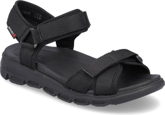 Black sandal with adjustable hook-and-loop straps.