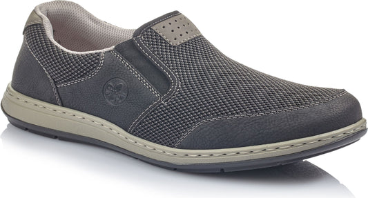 A slip-on gray casual shoe with a rounded toe and a tan sole.