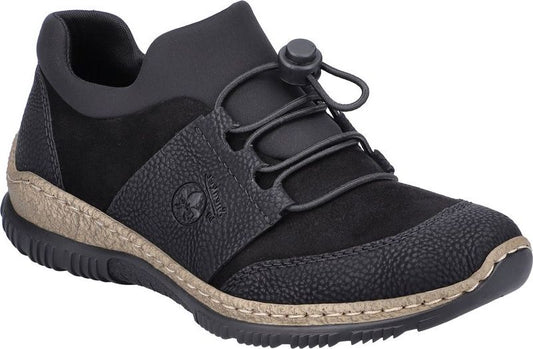 Black sneaker with bungee cord laces and a rubber sole.