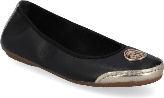 Black ballet flat shoe with gold accents and a decorative gold emblem.