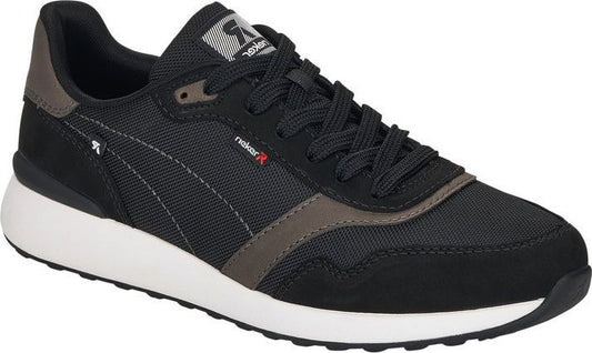 Black sneaker with a white sole, dark laces, and grey accents.