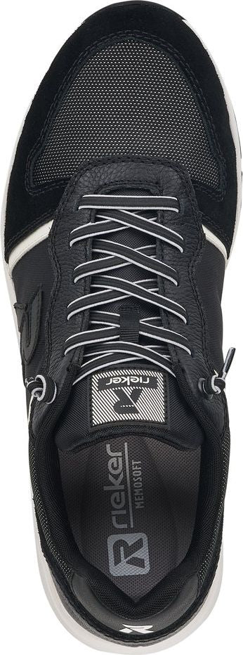 A top-down view shows a black sneaker with white laces, black mesh near the toes, and white stripes along the sides.