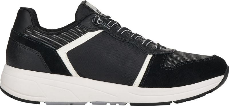A black athletic shoe with white accents and a white sole.