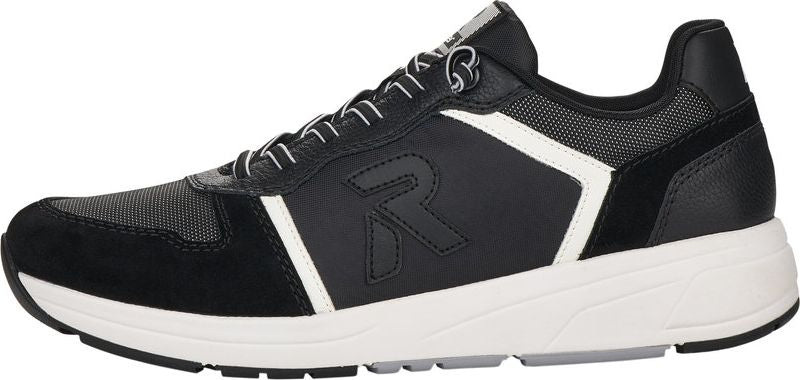 A black and white athletic shoe with white soles.