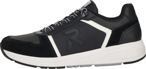 A black and white athletic shoe with white soles.