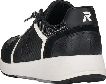 Black and white sneaker with a visible 'R' logo on the side and heel.