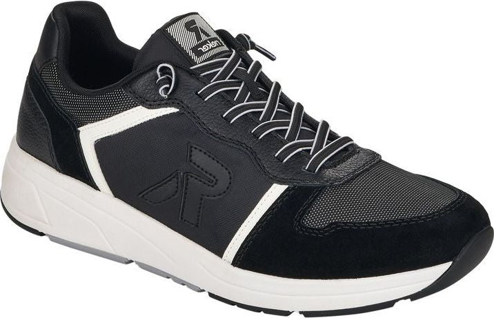 Black sneaker with white sole, white stripe detail, and 'R' logo.