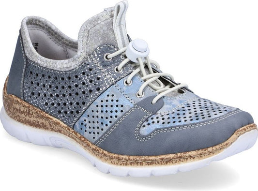 Perforated grey sneaker with white laces and cork midsole.