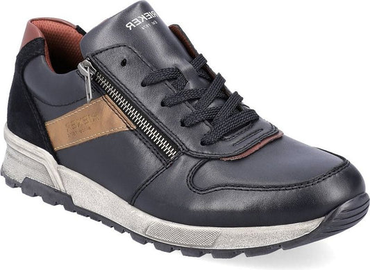 Black sneaker with laces and zipper, brown and gray accents.