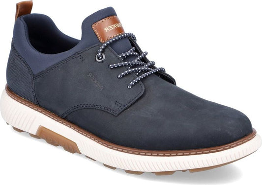Navy blue leather shoe with white and brown sole and patterned laces, "Rieker" visible on the side.