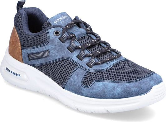 Blue sneaker with white soles and a brown heel.