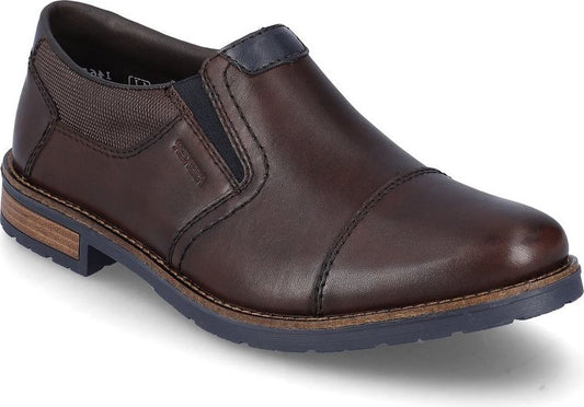 A brown leather slip-on dress shoe with an elastic gore.