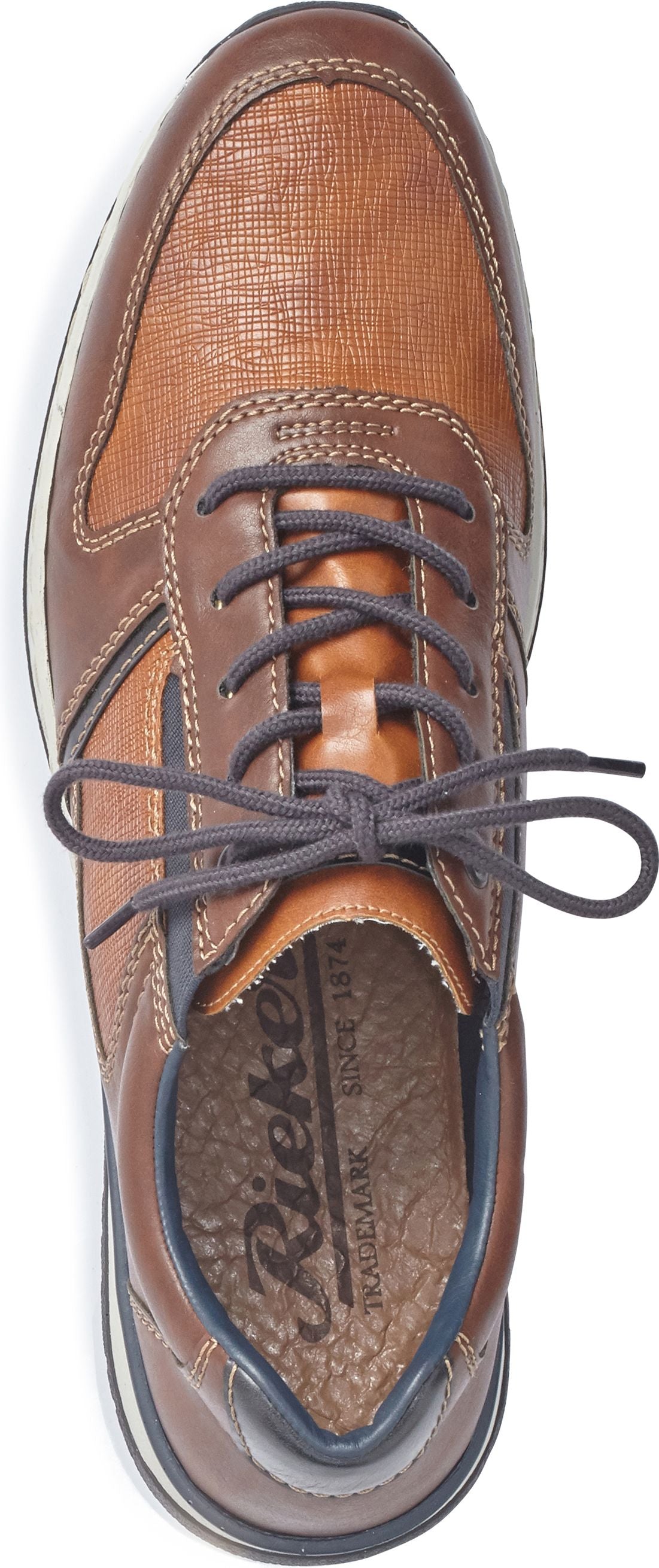 A brown leather and textile sneaker with blue laces.