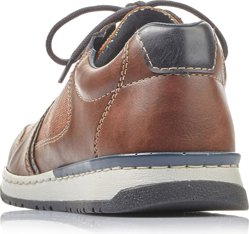 Brown leather shoe with blue accents, lace-up closure, and stitched detailing.