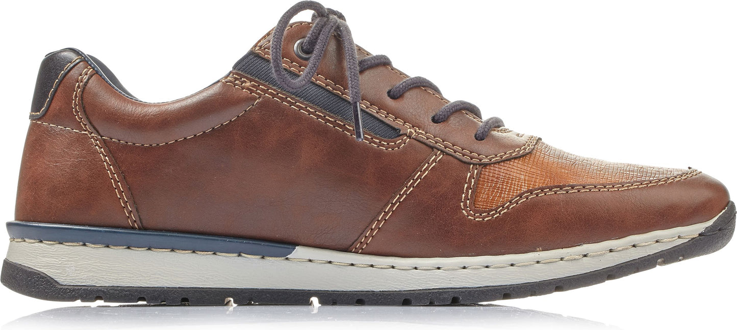 A brown leather sneaker with gray laces and a white sole.