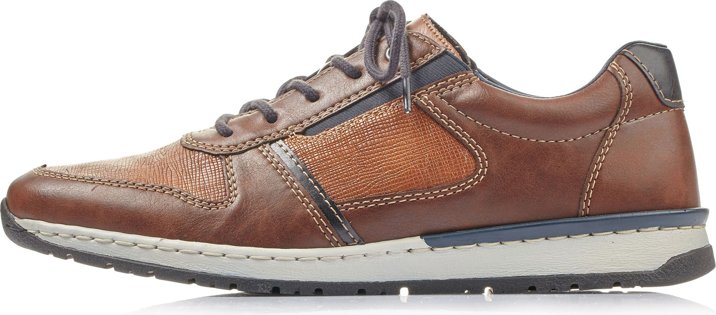 A brown leather sneaker with laces and a white sole.