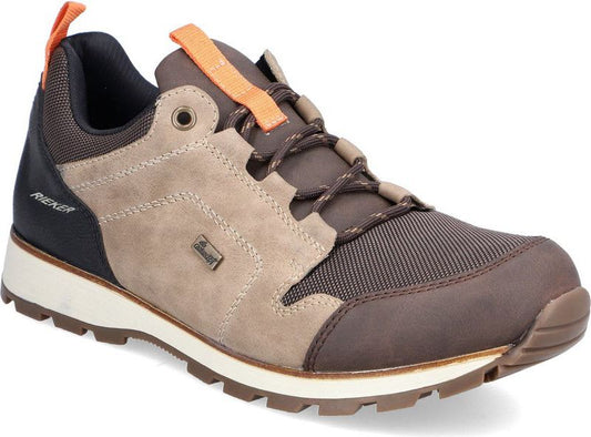 Low-top shoe with brown upper, beige side panels, lugged sole, and orange accent pull.