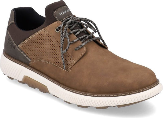 Brown casual shoe with perforated side, white sole, and gray and white laces.
