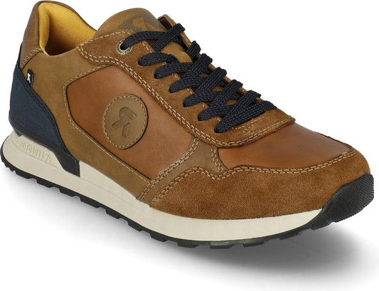 A brown leather sneaker with black laces, a white midsole, and a black outsole.