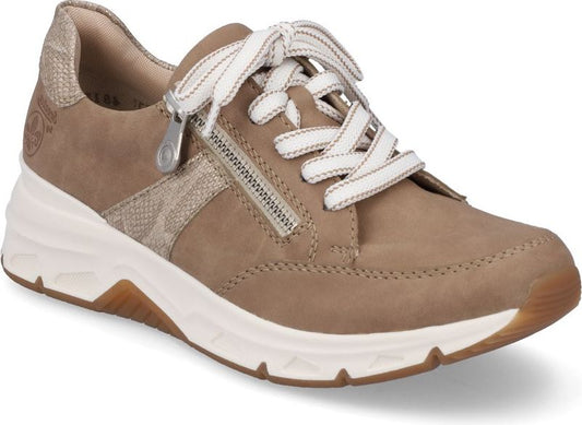 Taupe sneaker with white laces and sole, side zipper, textured trim.