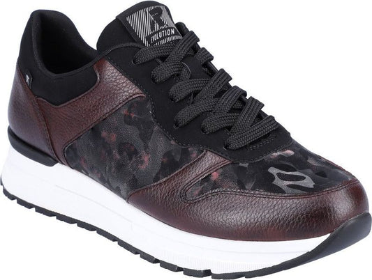 Low top sneaker with dark leather accents and black camo print, black laces and white sole, logo tag on tongue