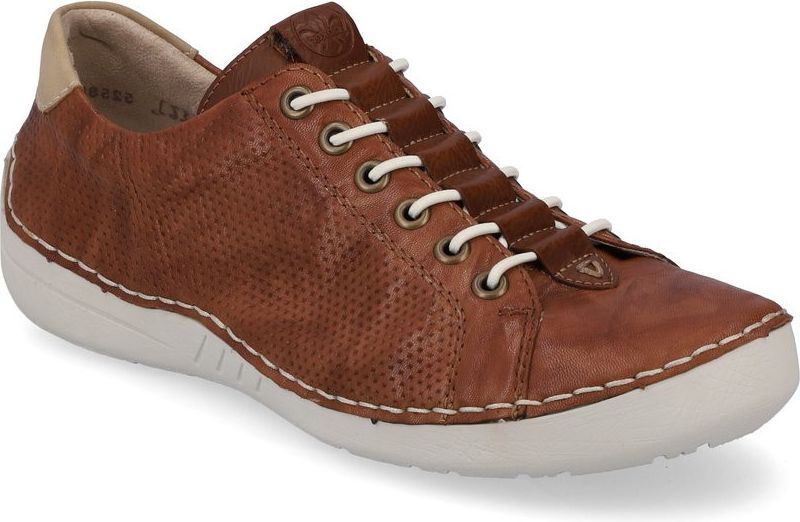 Brown leather sneaker with white laces and sole, perforated detailing.