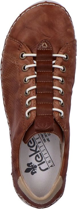 A brown leather shoe with white laces and the word "Rieker" printed on the insole.