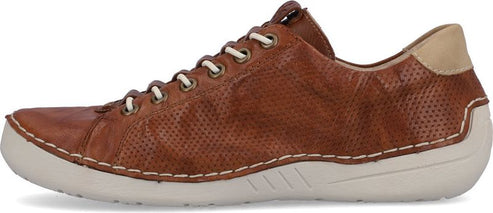 A brown leather shoe with white laces and a white sole.