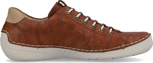 A brown leather shoe with white laces and a beige heel.