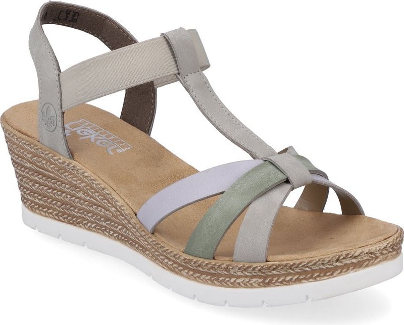 Wedge sandal with toe strap, ankle strap, and a woven platform.