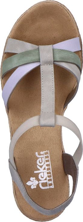 A sandal with a T-strap and multiple straps in shades of green, gray, and lavender.