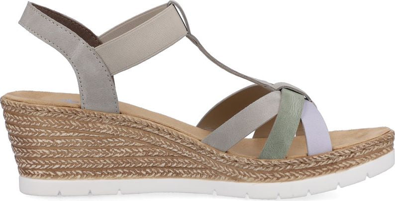 Wedge-heeled sandal with beige and gray straps.