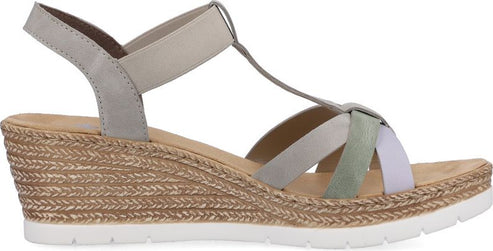 Wedge-heeled sandal with beige and gray straps.