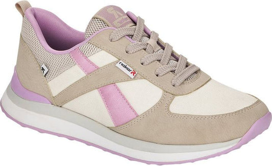 A sneaker with off-white and beige panels, light pink accents, laces, and lining.