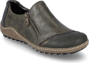 Green slip-on shoe with side zipper and decorative stitching.