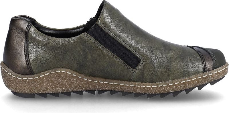 A side view of a dark green slip-on shoe with a thick, textured sole.